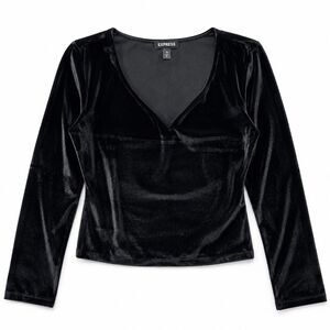 Express Women's Black Velvet Crop Top V-Neck Long Sleeve Size L NWT